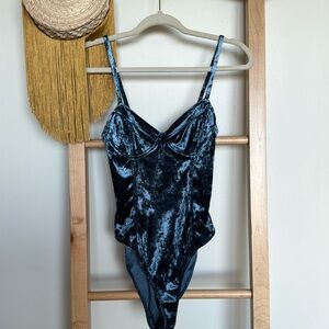 Forever 21 Velvet Bustier Bodysuit Blue Adjustable Straps V Neck Small